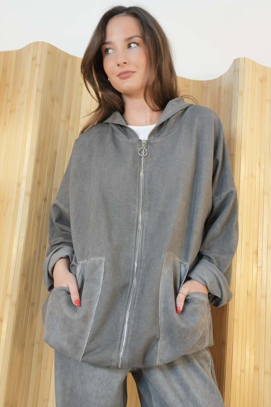Anine Soft Touch Patch Pocket Hoodie Washed Grey /20=
